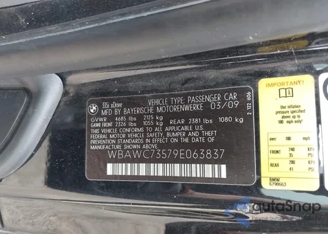 2009 BMW 335I xDrive из США, поврежденный, VIN WBAWC73579E063837